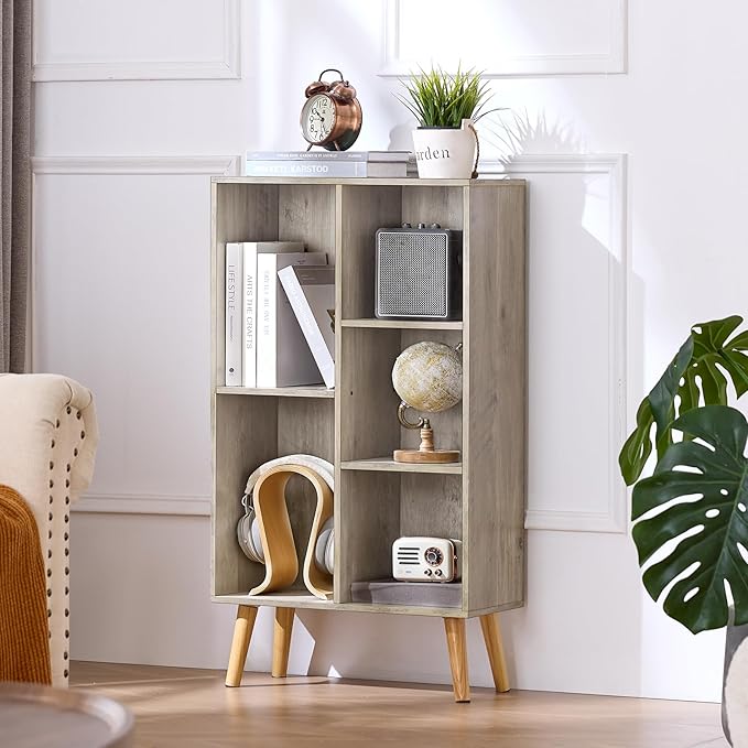 5 Cube Small Bookshelf,3 Tier Mid-Century Modern Bookcase with Legs,Wood Bookshelves Storage Organizer Shelf,Free Standing Narrow Book Shelves,Rustic Grey Corner Bookcases for Bedroom,Living Room-Ruum Studio Home