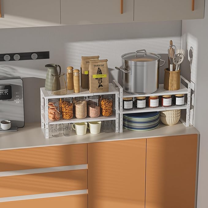 Expandable,Adjustable & Stackable Spice Rack, Cabinet Kitchen Countertop Shelf Organizer,Metal Pantry Storage Shelves - Space-Saving Storage Solution(2Packs/White/Medium)-Ruum Studio Home