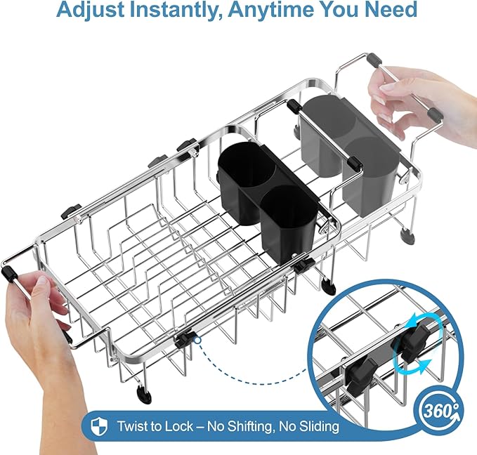 GSlife Expandable in Sink Small Dish Drying Rack - Stainless Steel Capacity Adjustable Over The Sink Dish Rack with Utensil Holder, 11.9“-16.7” L x 9" W x 5.7" H, Silver-Ruum Studio Home