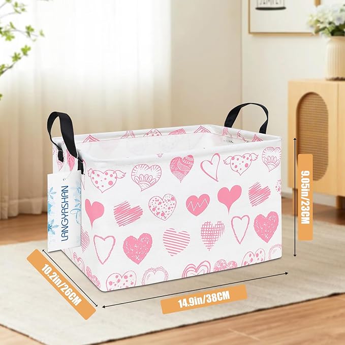 LANGYASHAN Rectangular Storage Bin Collapse Canvas Fabric Cartoon Storage Basket with Handles for Organizing Home Kitchen Boys and Girls Toys Office Closet Shelf Baskets (Rec Angel Heart)-Ruum Studio Home