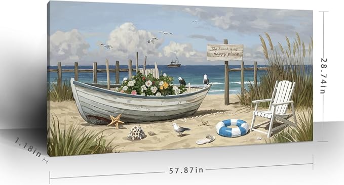 amatop Oversized Coastal Canvas Wall Art – Nautical Seaside Landscape Floral Boat on Sandy Beach Ocean Seabirds Horizontal Decor Large Wildflower Nature Artwork for Living Room Bedroom Office 58×29 Inch-Ruum Studio Home
