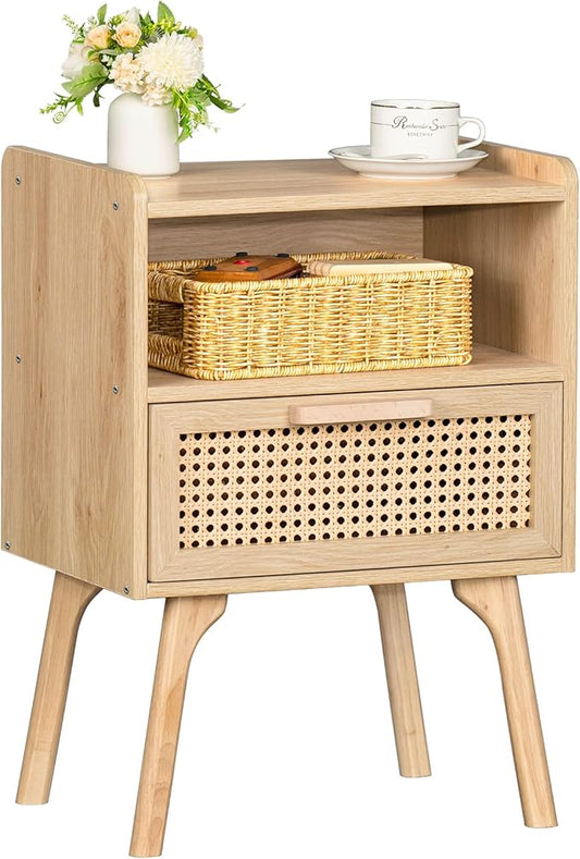Lerliuo Rattan Nightstand, Boho Side Table with Drawer Open Shelf, Cane Accent Bedside End Table with Solid Wood Legs for Bedroom, Dorm and Small Spaces (Natural)-Ruum Studio Home