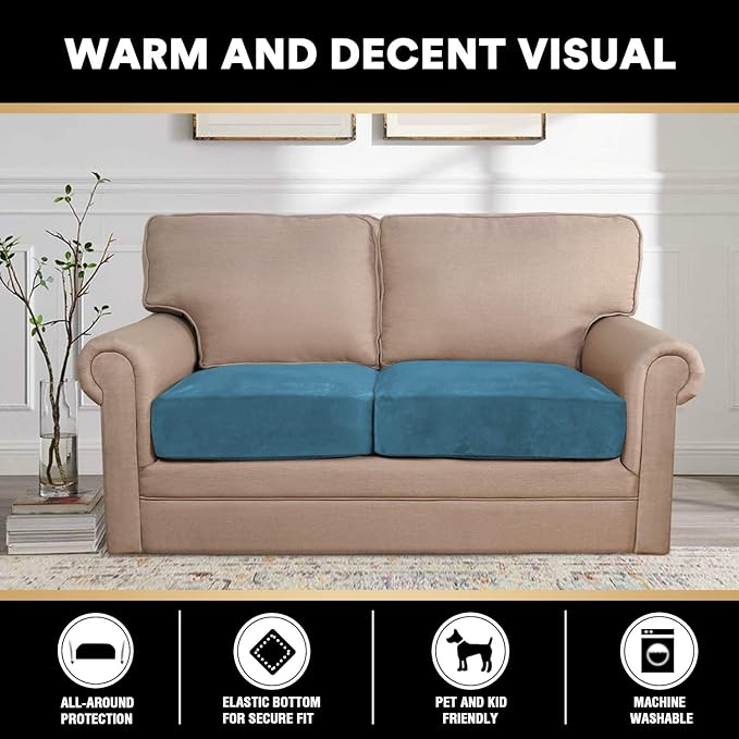 PrinceDeco Velvet Sofa Cushion Covers, Stretch Couch Cushion Covers for Individual Seat Couch Slipcover Sets Furniture Protector for Loveseat Sofa Cushion(Each Width Up to 29.5", Blue)-Ruum Studio Home