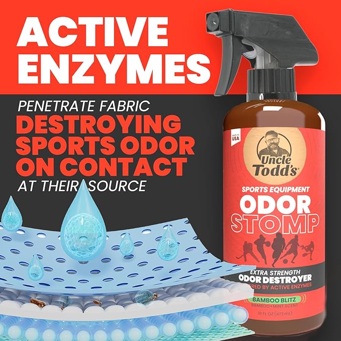 Uncle Todd’s Odor Stomp Sports Equipment Odor Eliminator Spray - Extra Strength Enzyme-Powered Deodorizer for Football, Hockey, Gym Bags, and Athletic Gear - Bamboo Blitz Scent - 16 oz-Ruum Studio Home