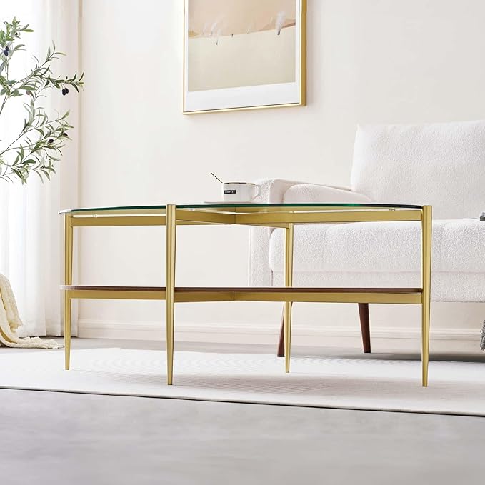 Oval Glass Coffee Table, Mid-Century Modern Design, L43 x W22 x H17 inch, 2-Tier Structure, Olive Shaped Clear Glass Top and Walnut Finish Wood Shelf, Tapered Legs with Gold Finish Frame-Ruum Studio Home