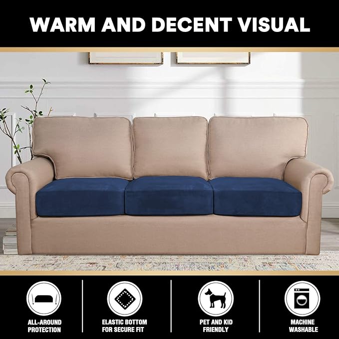 PrinceDeco Couch Cushion Covers, Stretch Washable Sofa Cushion Cover, Fitted Sofa Slipcover Velvet Fabric Non-Slip Furniture Protector for Dog,Pets, Kid (Each Width Up to 29.5", Navy)-Ruum Studio Home