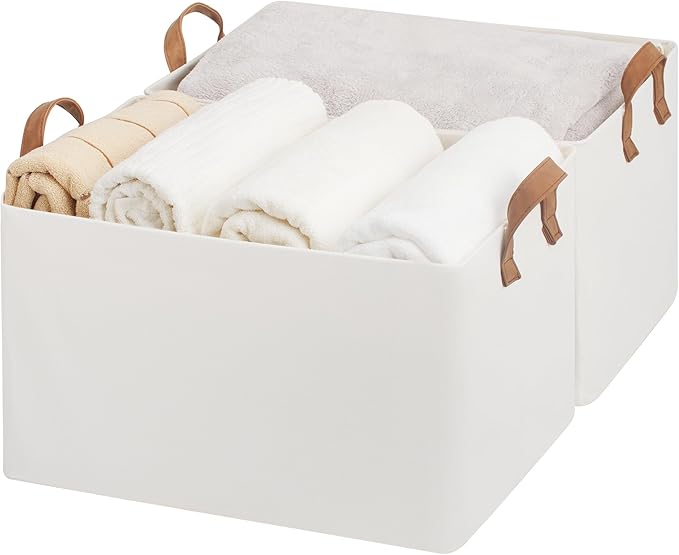 StorageWorks 45L Extra Large Fabric Storage Bins with PU Handles, Storage Baskets for Organizing, Large Laundry Basket, 2-Pack, Beige, 19" L X 13.25" W X 11" H-Ruum Studio Home