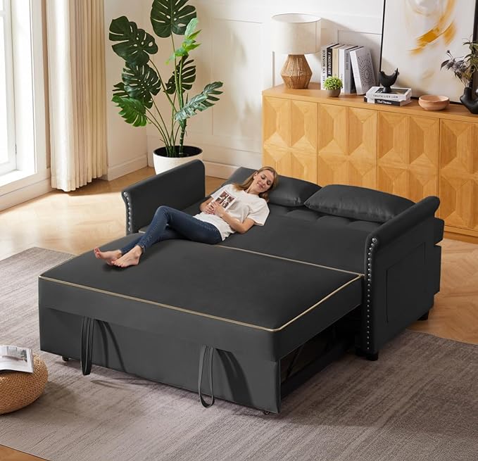 57-Inch Velvet Full Size Sleeper Sofa Couch with Pullout Bed,Convertible Pull Out with Golden Decorative Strip and Adjustable Backrest for Small Spaces,Apartment, Guest Room, RV (Black)-Ruum Studio Home