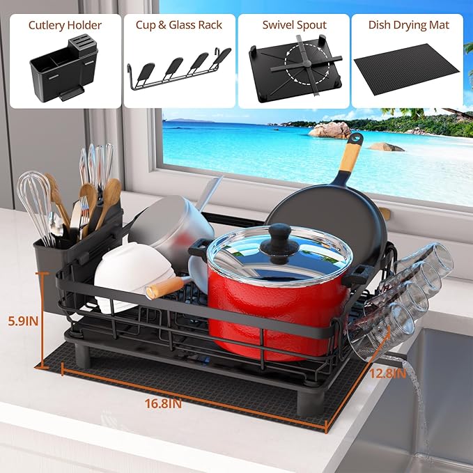 Godboat Dish Drying Rack, Dish Rack with Auto-Drain & Mat, Dish Drainers for Kitchen Counter, Glass Organizer for 4 Cups, 3 Slots Utensil Holder, Gifts for Women Mothers Day, Kitchen Gadgets & Decor-Ruum Studio Home
