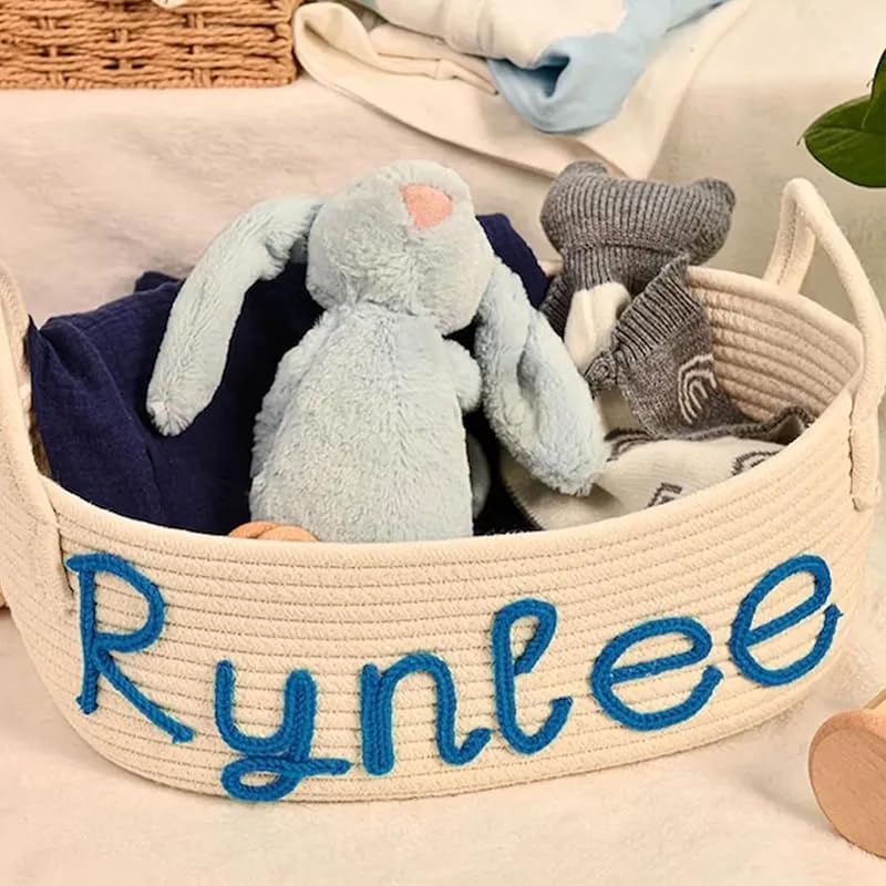 Personalized Baby Name Basket, Custom Woven Baby Shower Gift Basket with Cotton Rope Handle Baby Diaper Nursery Shelf Storage Basket Bin for Kids' Bedroom (Style 3)-Ruum Studio Home
