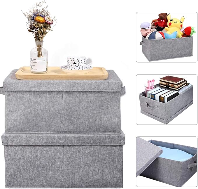 HOONEX Linen Foldable Storage Bins with Lids, 2 Pack, Storage Boxes with Carrying Handles and Sturdy Heavy Cardboard, 16.5" L x 11.8" W x 7.5" H for Shoes, Books, Clothes, Light Grey-Ruum Studio Home