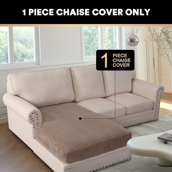 PrinceDeco Sectional Couch Covers Velvet Couch Cover for Dogs Washable L Shaped Couch Cover 1 Piece Individual Sectional Couch Covers with Elastic Bottom(Chaise Lounge,Taupe)-Ruum Studio Home