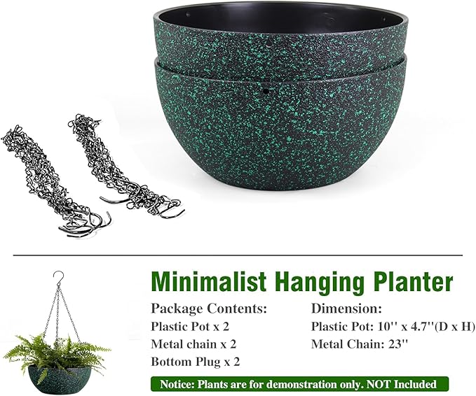 10inch Hanging Planters for Outdoor Indoor Plants with Drainage Holes and Chain, 2 Pack Round Hanging Flower Pots for Garden Home Porch Decor, Black with Green Speckles-Ruum Studio Home