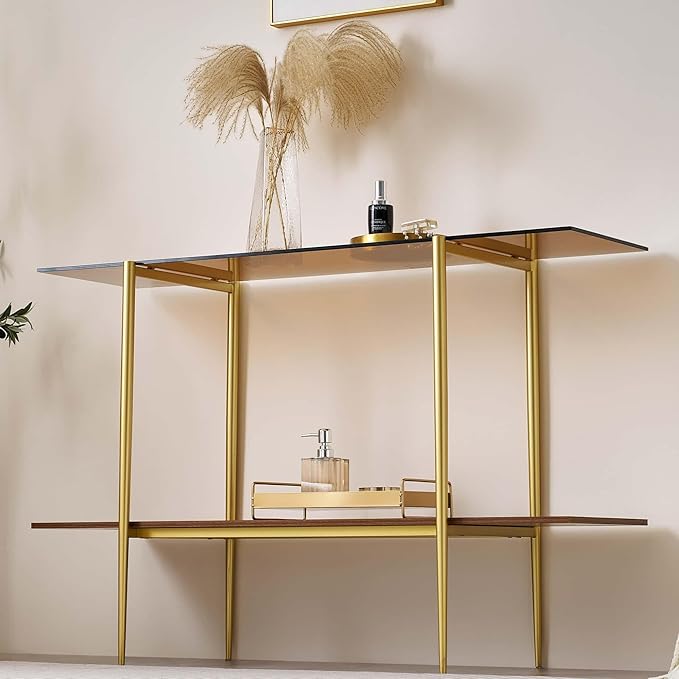 Extra Large Glass Console Table for Living Room, Foyer & Entrance, L47 x W16 x H31, Mid-Century Modern Sofa Table with Amber Glass Top, Walnut Finish Wood Top and Gold Finish Metal Frame-Ruum Studio Home