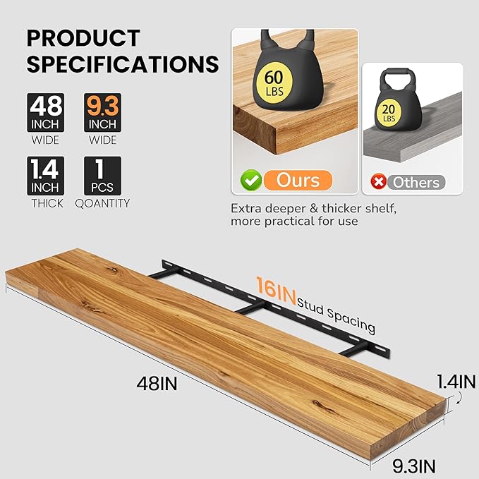 Fun Memories Floating Shelves for Wall, 48"x9.3" Rustic Solid Elm Wood Shelves, Heavy-Duty Wall Mounted Shelves with Invisible Brackets for Living Room, Bedroom, Kitchen, Natural Finish-Ruum Studio Home