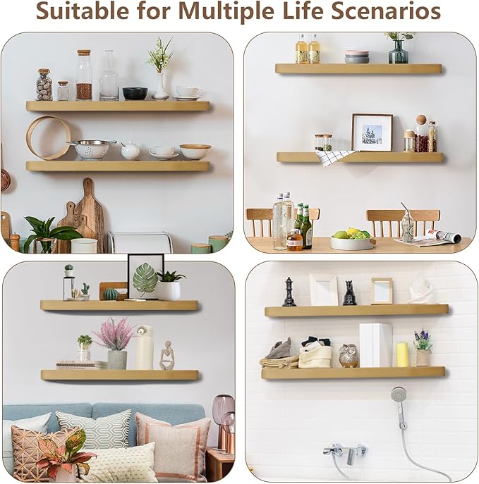 Solid Wood Floating Shelves Set of 2 - Natural, Warp & Crack Resistant 35.43 Inch Wall Shelf with Invisible Brackets Thicker, More Durable for Bathroom, Bedroom, Kitchen, Living Room (Wood, 35.43)-Ruum Studio Home