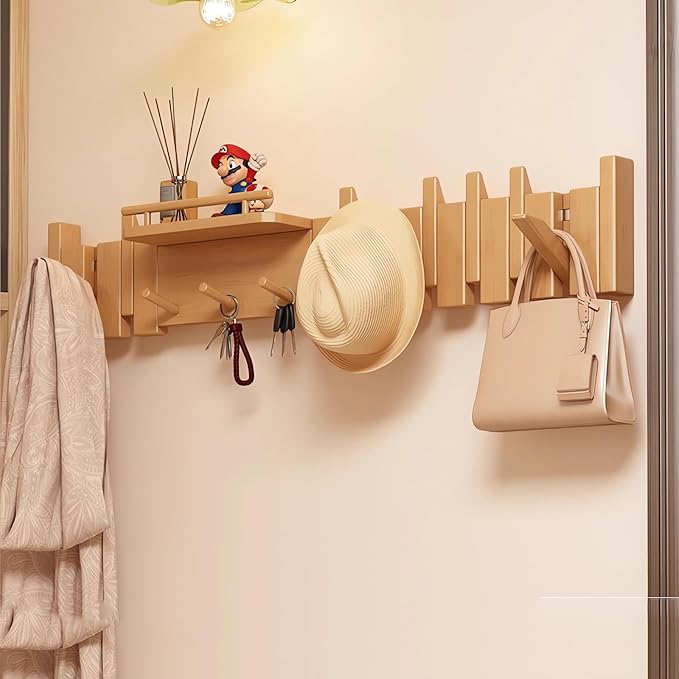 Wall Mounted Piano Key Hanger | Flip Style Hook | Entrance Wall Art Hook, Made of Oak Wood (3 Times Painted, 4 Times Polished) (Fence Beech, 12Hooks)-Ruum Studio Home