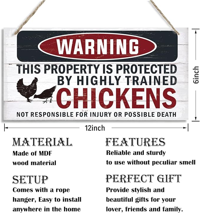 Funny Warning Signs, The Property is Protected By Highly Trained Chicken Sign, Decorative Wood Hanging Wood Plaque, Farmhouse Home Garden Yard Decor, Door Gate Hanger, Chicken Farm Decor-Ruum Studio Home