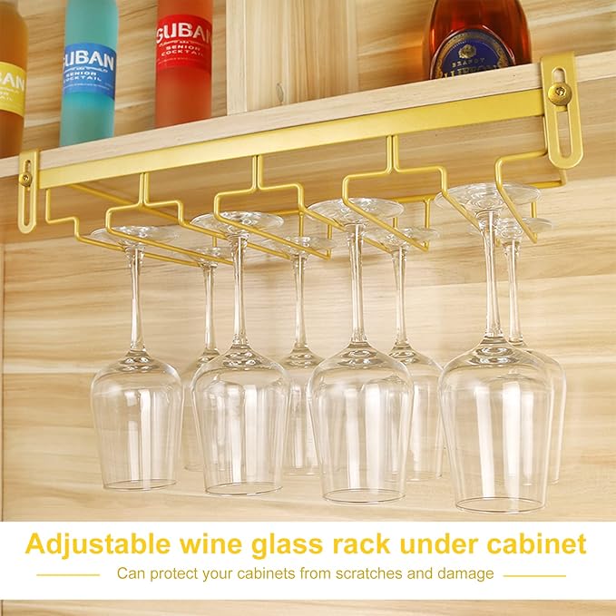 AUHOKY Adjustable Wine Glass Holder Under Shelf, Nail Free Metal Stemware Holder Storage Hanger, Hanging Wine Glasses Rack Organizer Under Cabinet Mount for Bar Kitchen (4 Rows, Gold)-Ruum Studio Home