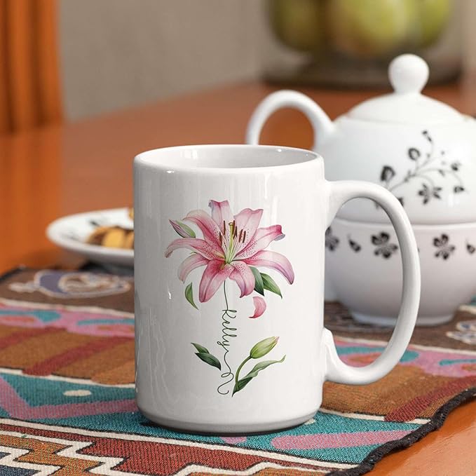 Customized Lily Flower Accent Cup, Novelty Flower Design Mug 11oz 15oz, Personalized Name Lily Lover Ceramic Cup, Custom Flower Decorative Mug, Unique Coffee Cup For Girl-Ruum Studio Home
