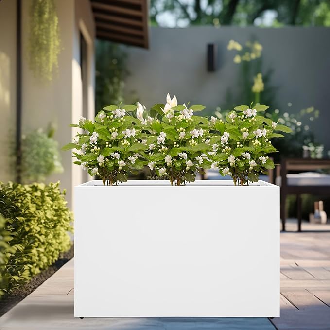 Galvanized Steel Planter Box-No Installation Required Metal Rectangular Block Long Box Planter Modern Outdoor Planters All-Weather Use with Drainage Holes for Patio/Porch, 36×24×12IN（White）-Ruum Studio Home
