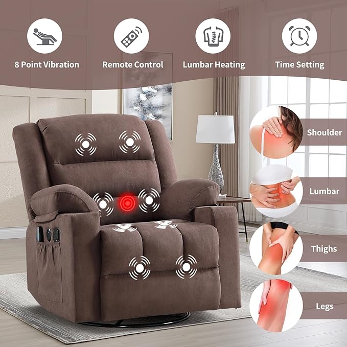 Rocker Recliner Chair with Heat and Massage, 360° Swivel Recliner Chairs for Adults, Heavy Duty Reclining Sofa Chair with USB Port Cup Holders Side Pockets for Living Room (Brown)-Ruum Studio Home