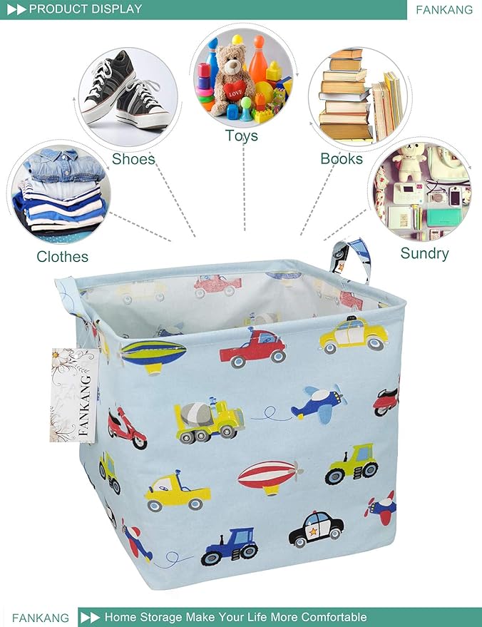 FANKANG Square Nursery Hamper Storage Bins Canvas Laundry Basket Foldable with Waterproof PE Coating Storage Baskets Gift Baskets for Children, Office, Bedroom, Clothes（Square-Car ）-Ruum Studio Home