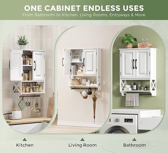 Bathroom Cabinet Wall Mounted, White Bathroom Wall Cabinets with Towel Bar and 2 Doors, Wooden Medicine Cabinet with Adjustable Shelf, Open Storage-Ruum Studio Home