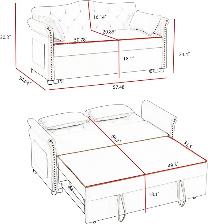 58" Velvet Sofa Bed, 3-in-1 Convertible Pull-Out Sleeper Sofa & Couch with Storage Bag and Adjustable Backrest,Perfect for Small Spaces, Living Room, or Office-Ruum Studio Home