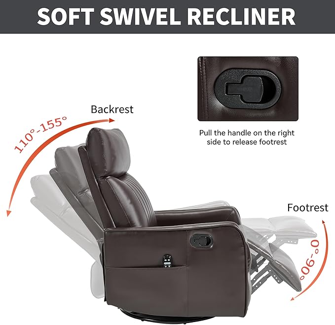 Manual Swivel Rocker Recliner Chair for Adults, Overstuffed Reclining Glider Chair for Nursing with Vibration Massage & Heat, Living Room Rocking Recliner 2-Stage backrest, Faux Leather Brown-Ruum Studio Home