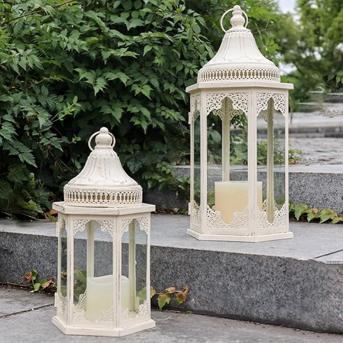 NEEDOMO Lanterns Decorative Outdoor & Indoor, Set of 2 Outdoor Lanterns for Porch,Large Candle Lantern, Beige Metal Frame with Glass for Fall, Christmas-Ruum Studio Home