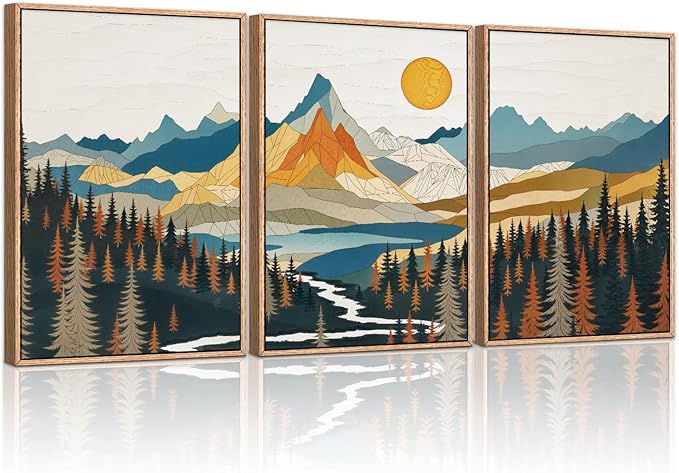 HLNIUC Large Sunset Mountain Framed Wall Art,Boho Forest Pine Tree Canvas Wall Decor Set of 3(16”X24”) Blue and Orange Landscape Art Print,Colorful Mountain Lake Wall Painting for Living Room,Bedroom-Ruum Studio Home