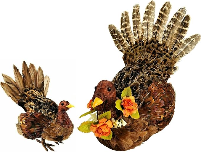 naturevibe 10/6.5 Inches Feathered Turkey Decorations Set of 2,Realistic Mom n Baby Turkey Figurines with Real Feathers for Thanksgiving Decorations,Decorative Farm Animals as Fall Decor for Home-Ruum Studio Home