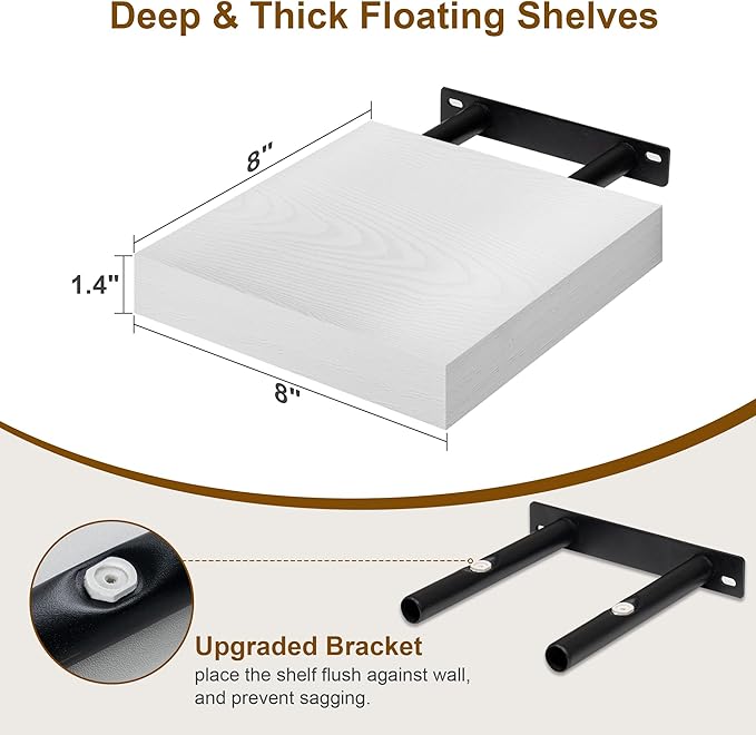 8 Inch Deep Floating Shelves White, Rustic Wood Floating Shelf for Home Decor, 8 x 8 Inch Square Wall Shelves, Wooden Storage & Display Shelves for Kitchen, Bathroom, Living Room, Set of 2-Ruum Studio Home