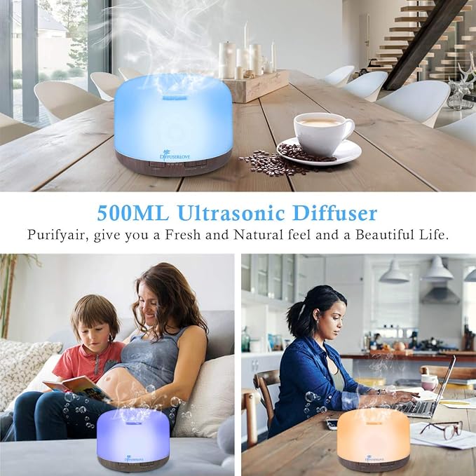 Diffuserlove Essential Oil Diffuser 500ML Aromatherapy Diffuser Mist Humidifiers 7 Color LED Lights Diffusers for Home Office Bedroom (Size:6.7" L x 6.7" W x 4.7" H)-Ruum Studio Home