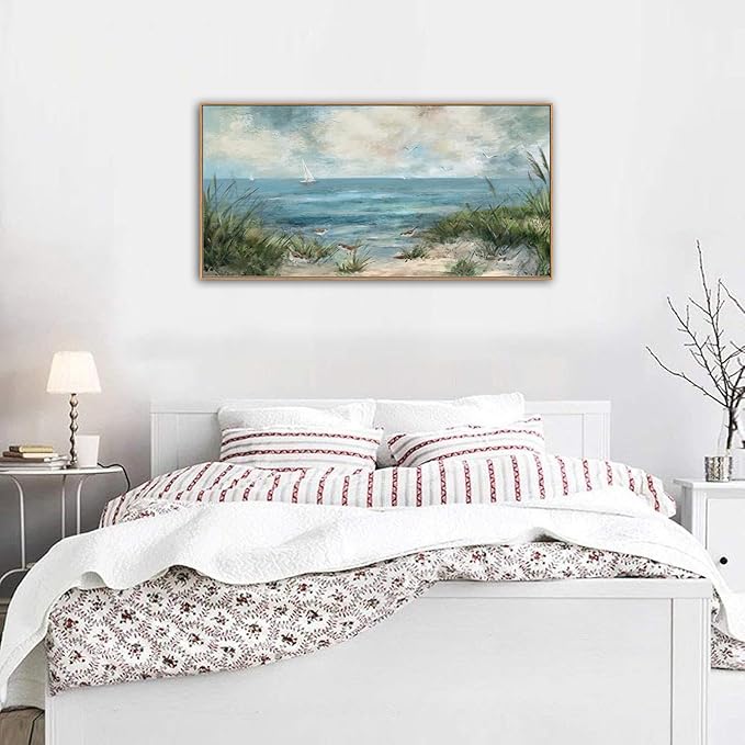 Sea Beach Framed Canvas Wall Art Vintage Seascape Canvas Prints Wall Decor Ocean Sailboat Seagull Canvas Pictures Beach Bird Reed Canvas Painting Artwork Living Room Bedroom Decoration 29" X 58"-Ruum Studio Home