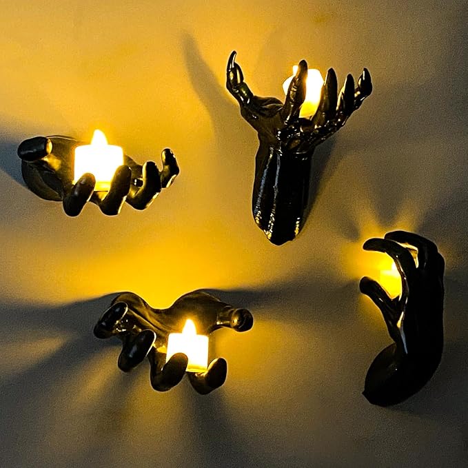 Halloween Decor Indoor, 4 Packs Creepy Reaching Hands with LED Candles, Life-Sized Gothic Wall Decor for Horror Decor, Spooky Halloween Decorations for Home, Party, Goth & Dark Academia Style-Ruum Studio Home