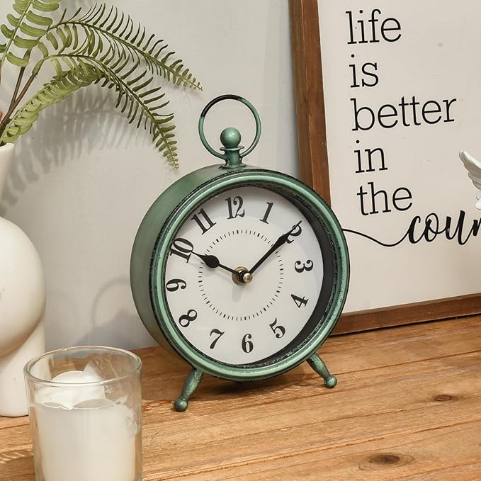 Vintage Small Rustic Green Table Clock on Stand - Decorative Desk and Shelf Clock, Battery Operated, Silent Non-Ticking Timepiece Perfect for Office, Living Room, and Bedroom Decor-Ruum Studio Home