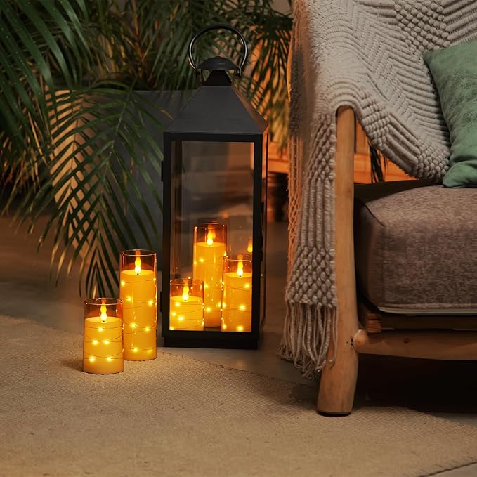 Homemory Acrylic Flameless Candles with Embedded Star String Fairy Lights, Battery Operated Candle, LED Candles, Fake Candles with Remote Control and Timer for Halloween, Amber, Set of 5(H4"5"6"8"8")-Ruum Studio Home