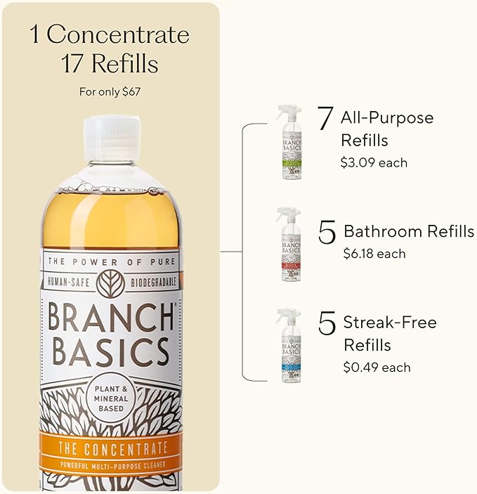 Branch Basics Cleaning Essentials Kit: All Purpose Spray, Glass Cleaner, and Bathroom Cleaner - Concentrate (33.8 Oz) + Plastic Spray Bottles for Cleaning (24 Oz) Non-Toxic, Fragrance-Free-Ruum Studio Home