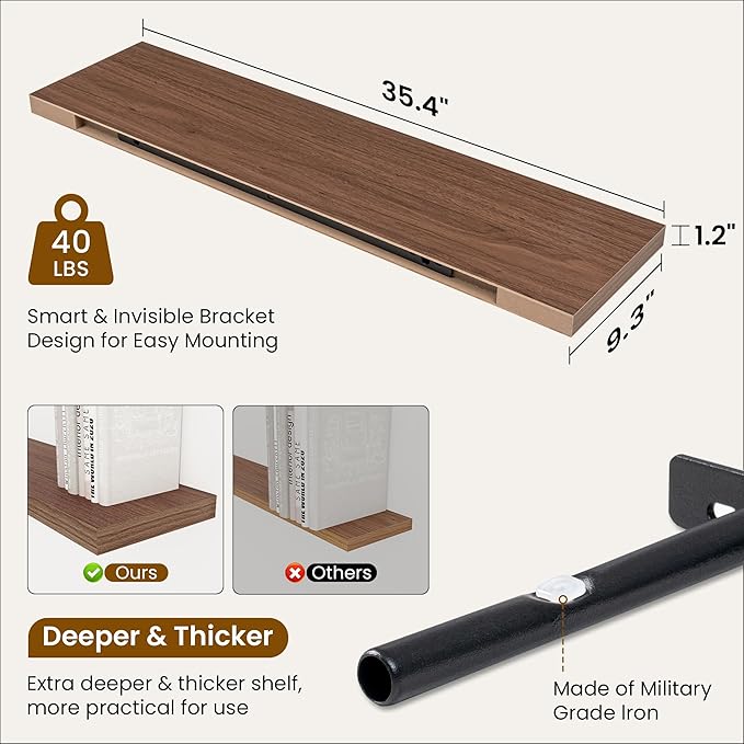 36 Inch Floating Shelves, 9.3 Inch Deep Rustic Wall Shelves - Extra Deeper Wall Mounted Storage Shelves for Bathroom, Kitchen, Living Room (Walnut, Set of 2)-Ruum Studio Home