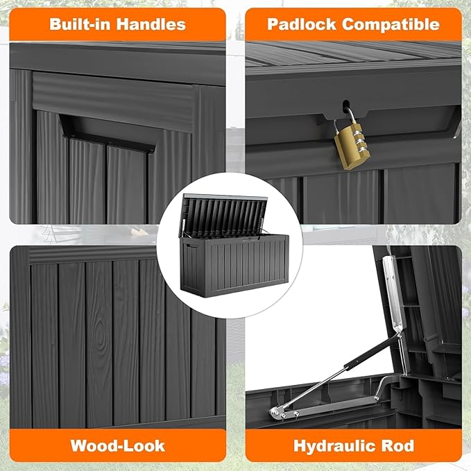 80 Gallon Resin Deck Box, Lockable Outdoor Storage Box for Patio Cushions Storage Furniture,Garden Tools, Pool Supplies, Weatherproof and UV Resistant- Black (80 Gallon)-Ruum Studio Home