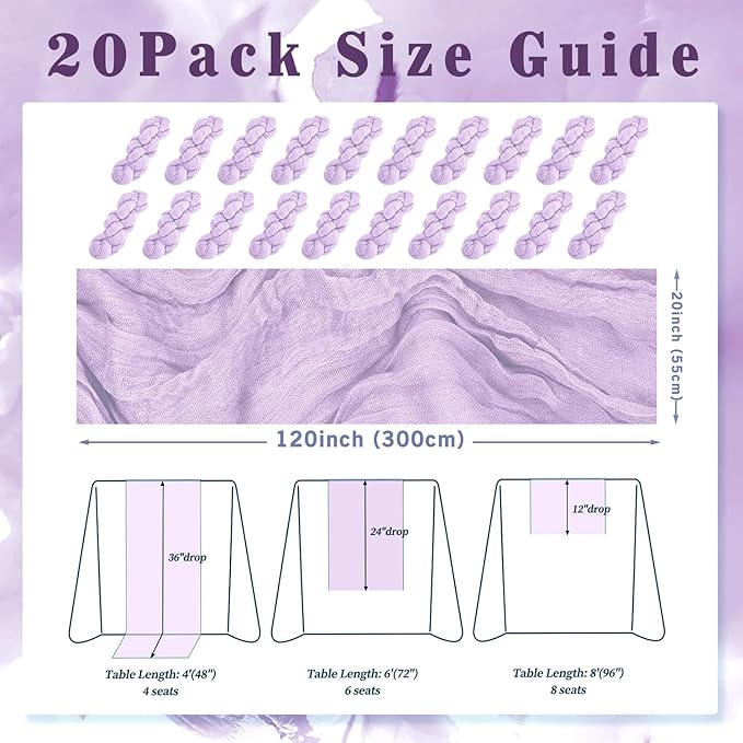 20 Pack Lilac Cheesecloth Table Runner 10FT Rustic Gauze Cheese Cloth Table Runner for Wedding 20 x 120 Inch Long Bridal Baby Shower Table Decor Boho Fabric Sheer Birthday Party Table Decorations-Ruum Studio Home