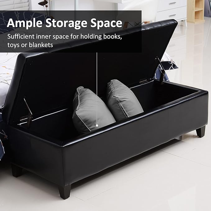 HOMCOM 51" Ottoman Storage Bench, Faux Leather Storage Chest with Lift Top, Tufted Ottoman for Living Room, Entryway, Black-Ruum Studio Home