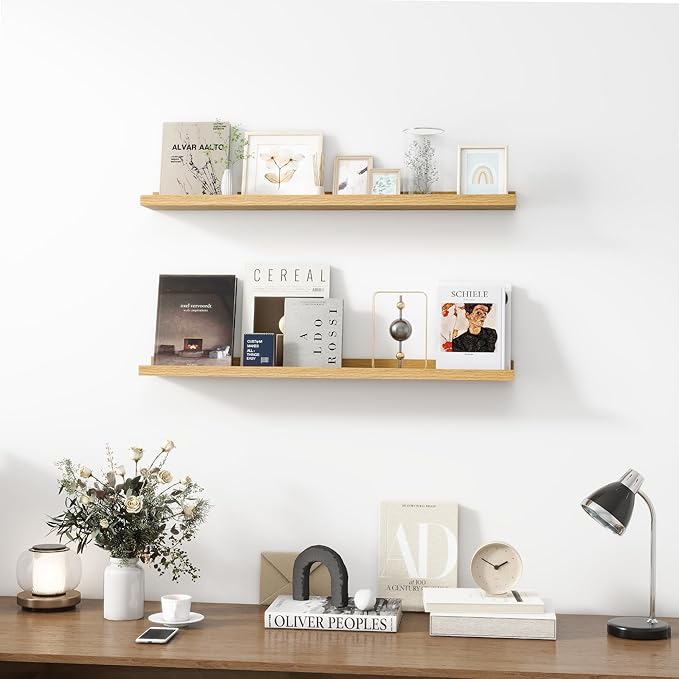 Picture Ledge Shelf, Wood Floating Shelves Set of 2, 36 inch Picture Ledge Shelves, Photo Ledge Nursery Book Shelves Wall Mounted for Living Room Kids' Room Bedroom, Color Oak-Ruum Studio Home