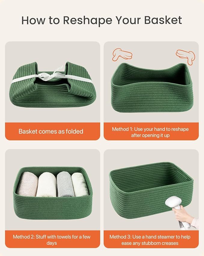 Small Woven Basket, 13.5 x 9.5 x 5 Inches, Storage Basket for Organizing, Cute Small Rope Shelf Closet Cube Storage Bins Baskets for Shelves, Dog Toy Gift Baskets Empty, 3 Pack, Green-Ruum Studio Home