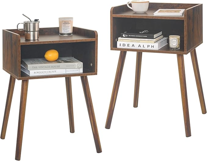 MaxSmeo Night Stand Set 2, Mid Century Modern Side Table Bedroom with Storage, Small End Bedside Table Set of 2 with Solid Wood Legs for Living Room, Office Small Spaces (Rustic Brown)-Ruum Studio Home