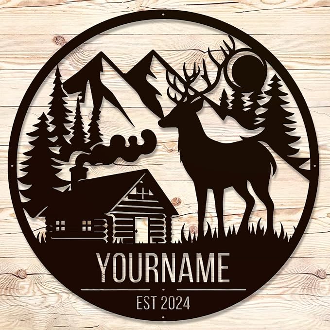 Personalized Deer Forest Name metal Signs,Custom Shed Metal Wall Decor,Black Deer Metal Wall Art Decor,Deer Home Metal Signs Plaques,Outdoor wall Decorative Signage (Style B)-Ruum Studio Home