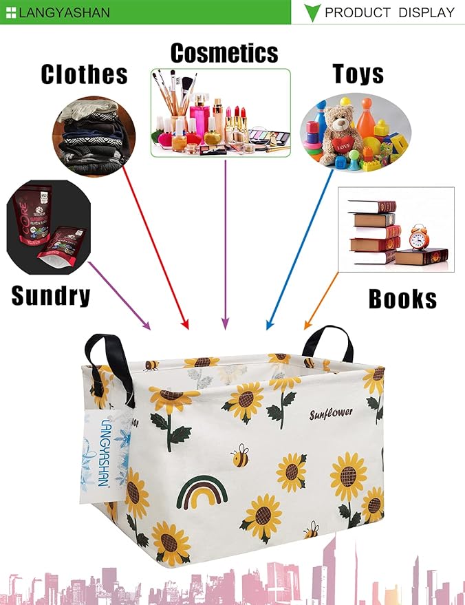 LANGYASHAN Rectangular Storage Bin Collapse Canvas Fabric Cartoon Storage Basket with Handles for Organizing Home Kitchen Boys and Girls Toys Office Closet Shelf Baskets(Rec Sunflower)-Ruum Studio Home