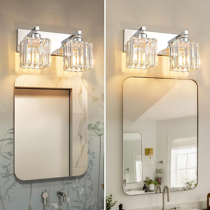 Modern Bathroom Vanity Light 2-Lights Chrome Crystal Bathroom Wall Light Vanity Light Fixtures，12.59-inch Modern Minimalist Design